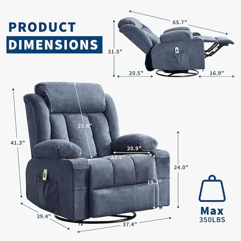 Fauteuil inclinable, Fauteuils à bascule avec massage et chauffage, Poches latérales et porte-gobelet