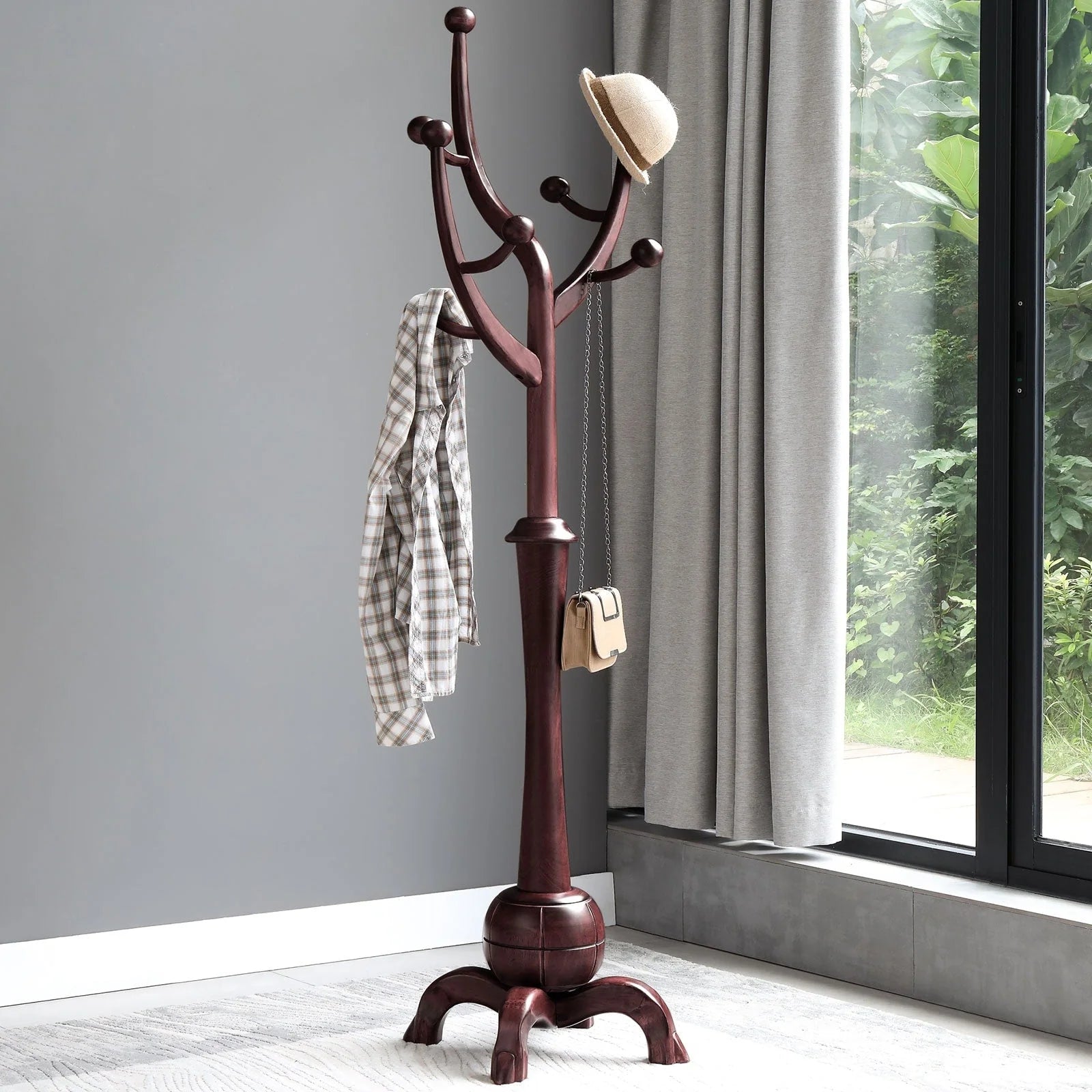 Porte-manteau sur pied en bois d'hévéa à motif de branches d'arbre avec 8 crochets - 24,5 l x 70,87 h