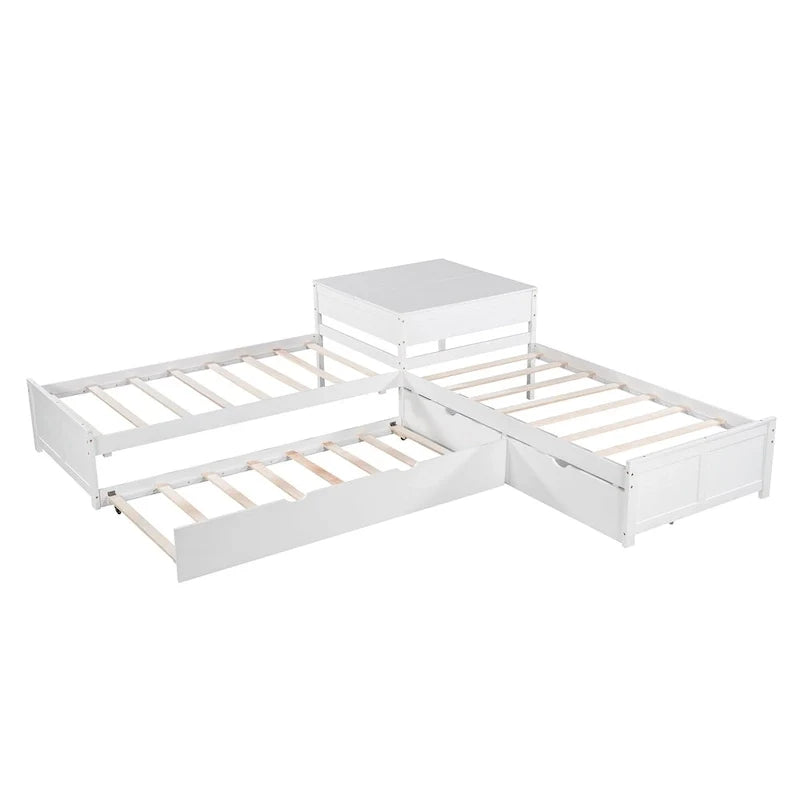 Lit plateforme en L moderne blanc de taille double avec lit gigogne et tiroirs pour chambre à coucher