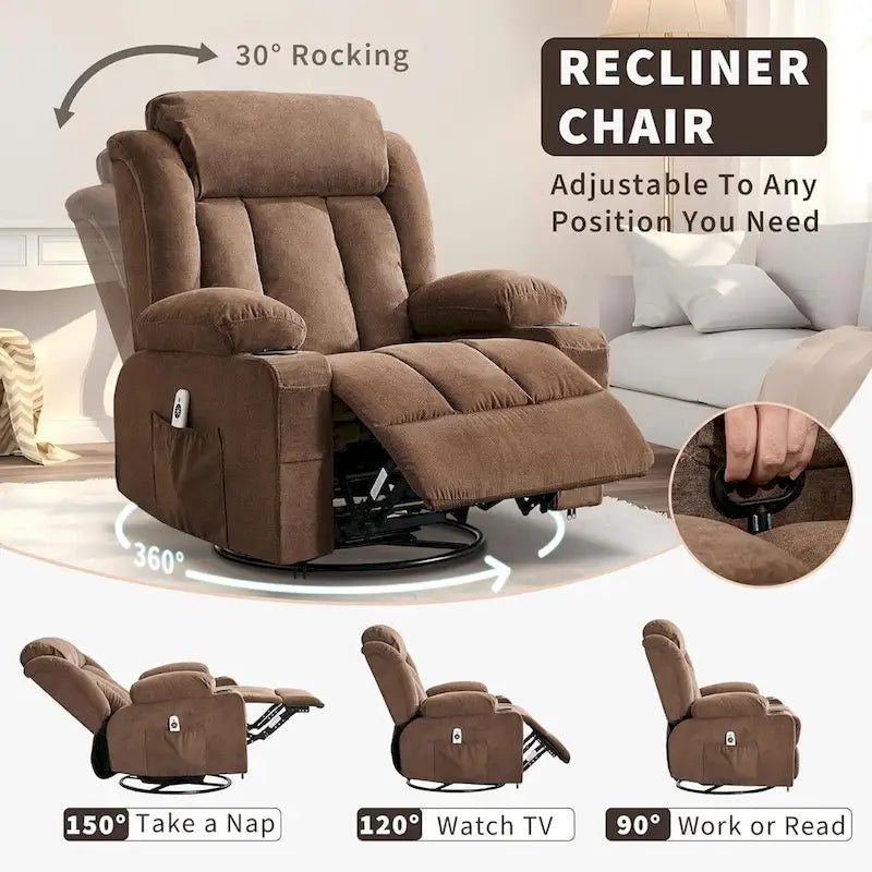 Fauteuil inclinable, Fauteuils à bascule avec massage et chauffage, Poches latérales et porte-gobelet