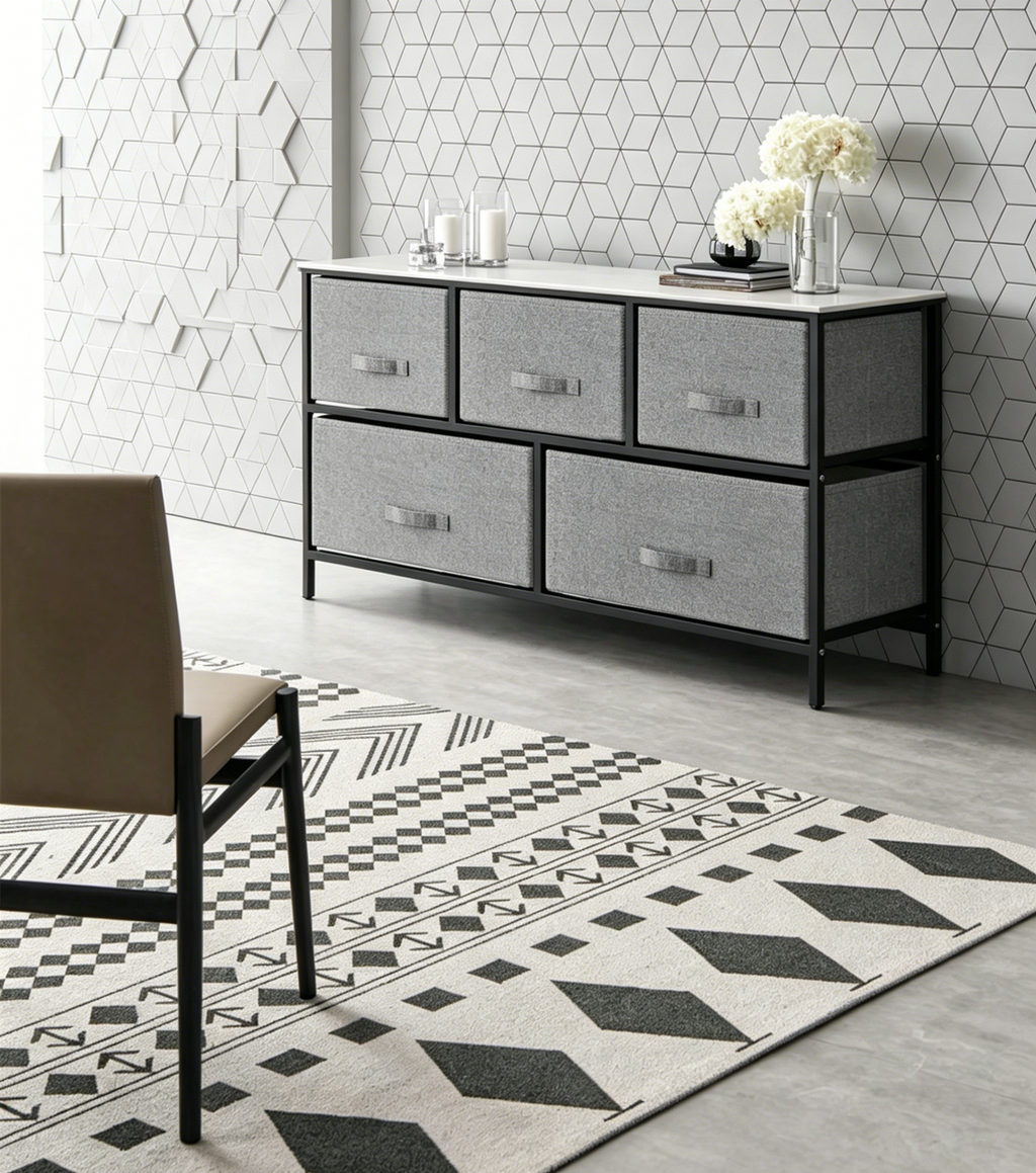 Commode de rangement à 5 tiroirs avec plateau en bois et tiroirs en tissu foncé