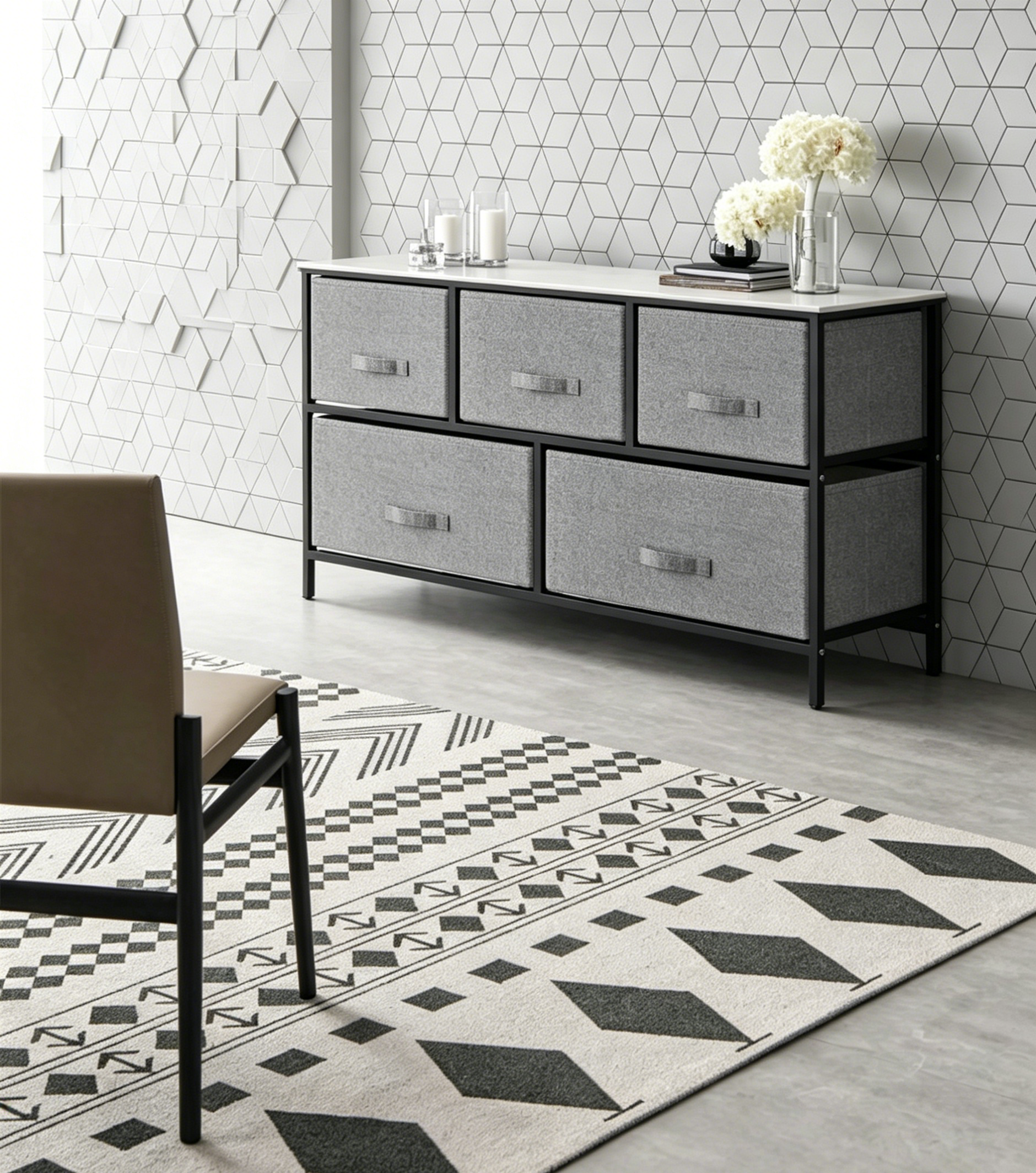 Commode de rangement à 5 tiroirs avec plateau en bois et tiroirs en tissu foncé