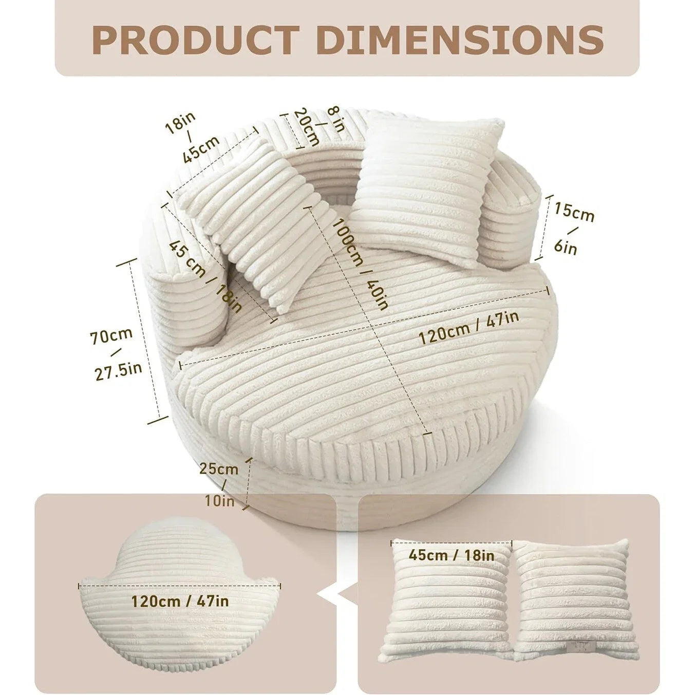 WOWMAX 47 Chaise Longue Ronde Intérieure, Canapé de Sol Surdimensionné en Velours Côtelé avec 2 Coussins Décoratifs