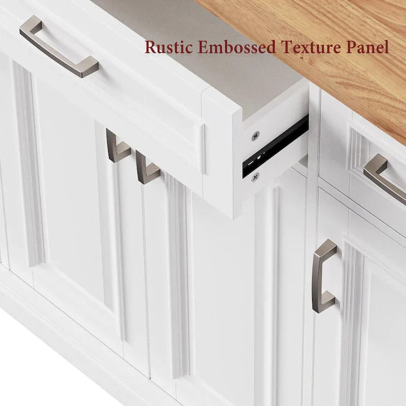 Grand îlot de cuisine avec rabat en bois, desserte de cuisine roulante texturée en relief avec portes et tiroirs avec rangement pour la cuisine, blanc