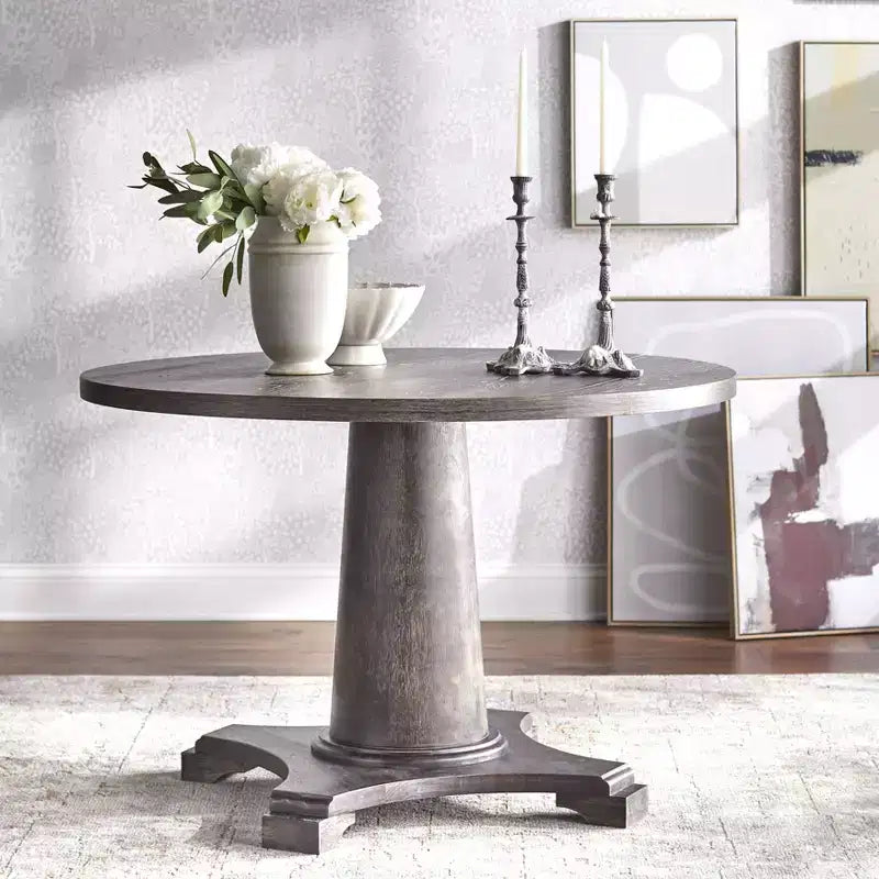 Table à manger ronde à pied central grise : style vintage, 4 places