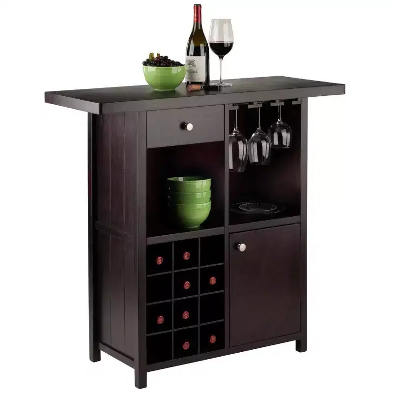 Meuble Bar à Vin Espresso avec Casier à 12 Bouteilles, Porte-Verres et Tiroir