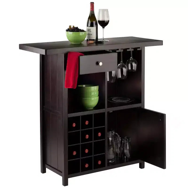 Meuble Bar à Vin Espresso avec Casier à 12 Bouteilles, Porte-Verres et Tiroir