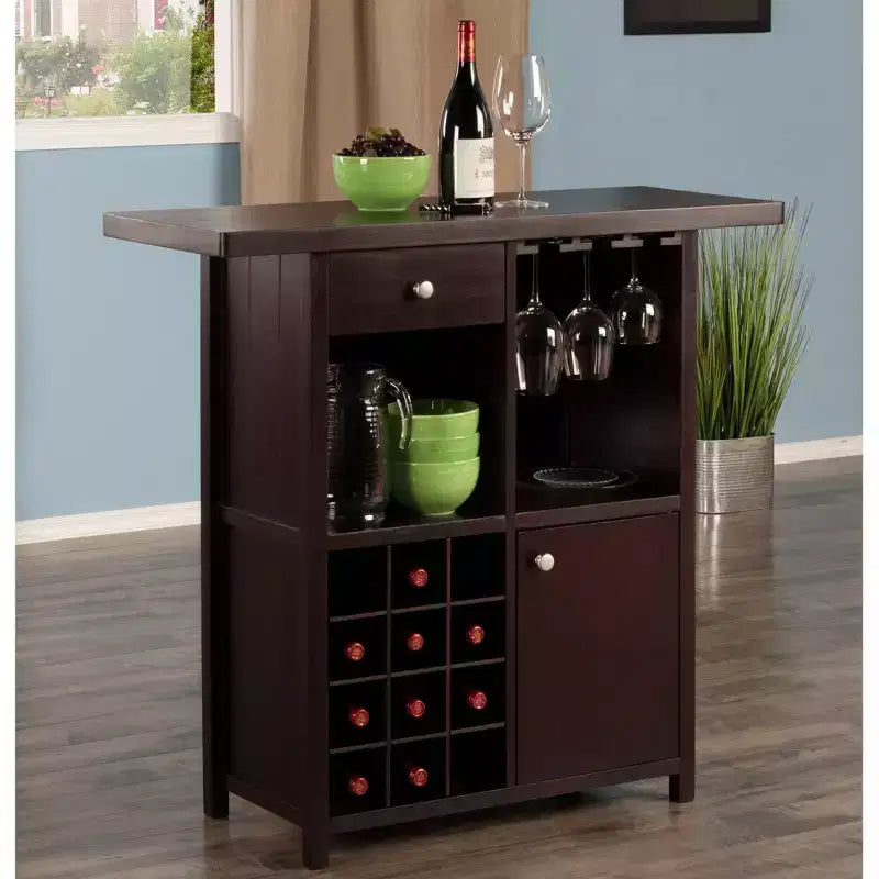 Meuble Bar à Vin Espresso avec Casier à 12 Bouteilles, Porte-Verres et Tiroir