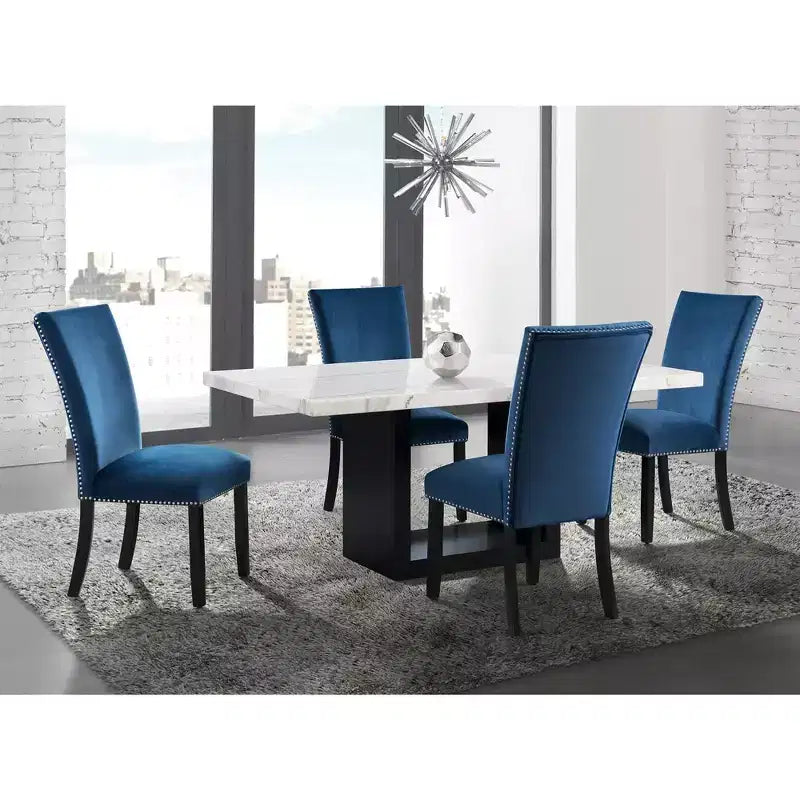 Table à manger hauteur standard avec plateau en marbre blanc, 6 places, et piètement central noir