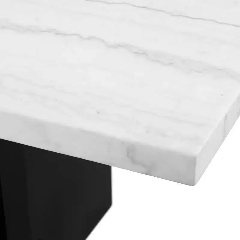 Table à manger hauteur standard avec plateau en marbre blanc, 6 places, et piètement central noir