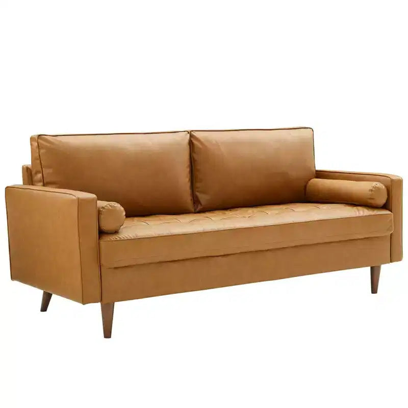 Canapé quatre places en similicuir brun clair, style Mid-Century Modern