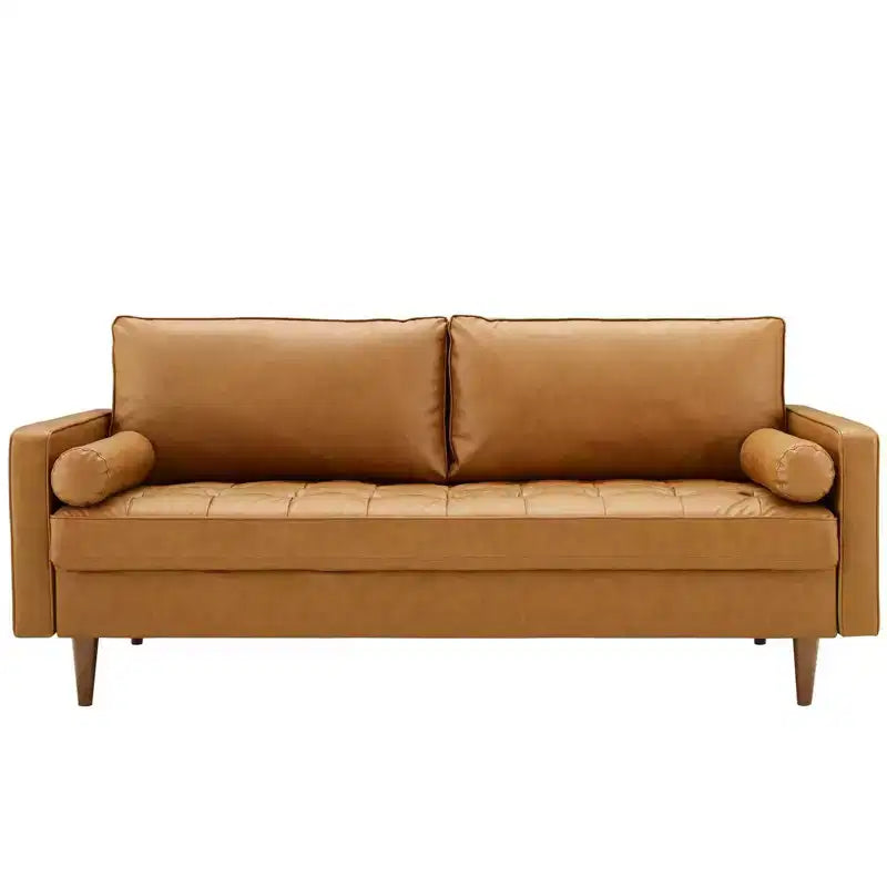 Canapé quatre places en similicuir brun clair, style Mid-Century Modern