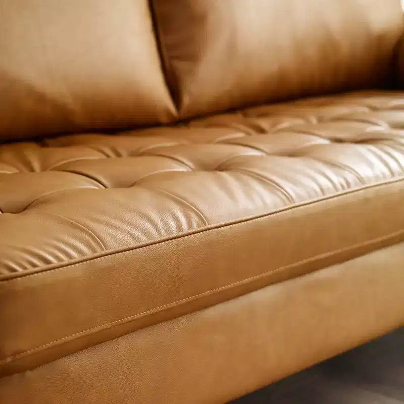 Canapé quatre places en similicuir brun clair, style Mid-Century Modern