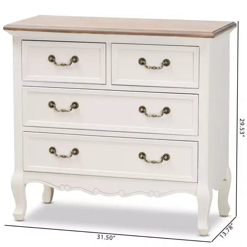 Commode d'appoint 4 tiroirs style provincial français blanc/chêne avec poignées en laiton
