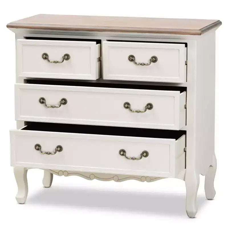 Commode d'appoint 4 tiroirs style provincial français blanc/chêne avec poignées en laiton