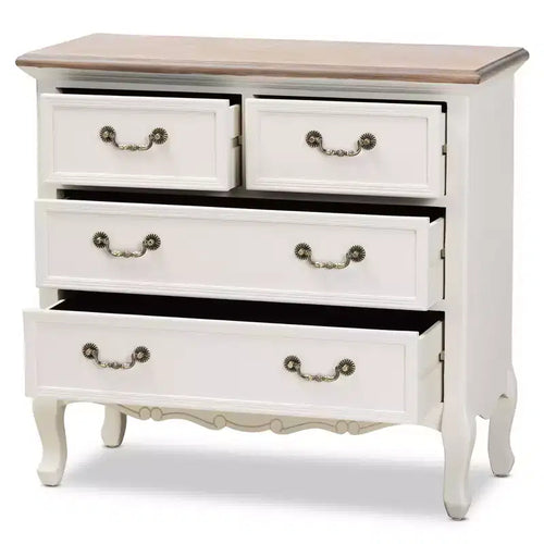 Commode d'appoint 4 tiroirs style provincial français blanc/chêne avec poignées en laiton