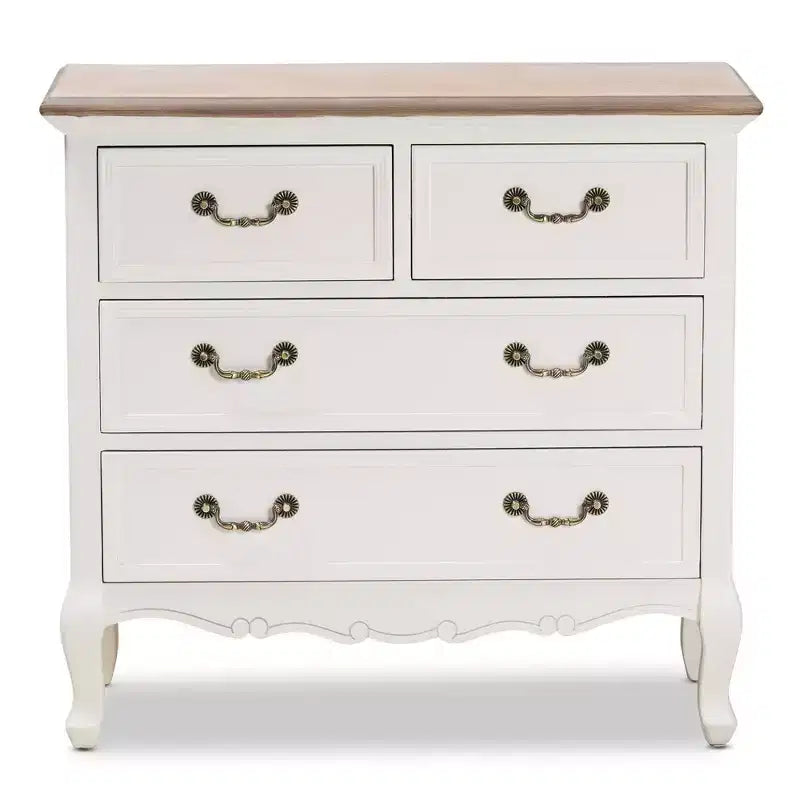 Commode d'appoint 4 tiroirs style provincial français blanc/chêne avec poignées en laiton