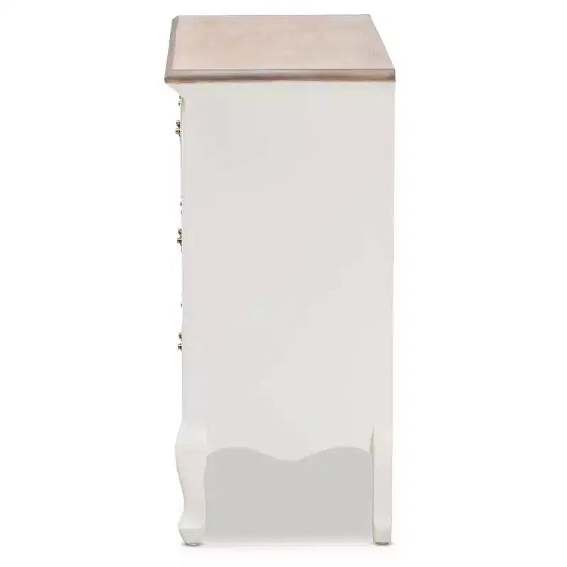 Commode d'appoint 4 tiroirs style provincial français blanc/chêne avec poignées en laiton