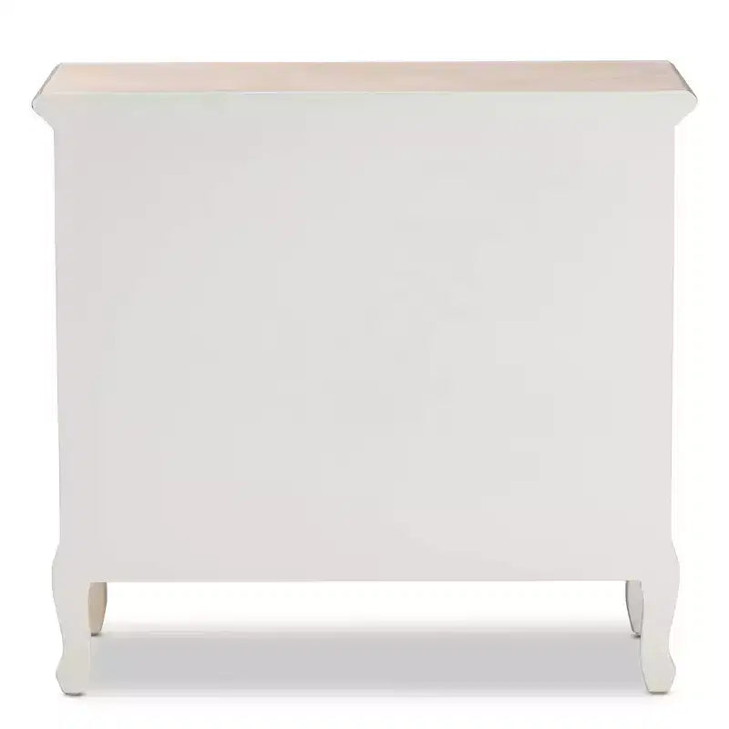 Commode d'appoint 4 tiroirs style provincial français blanc/chêne avec poignées en laiton