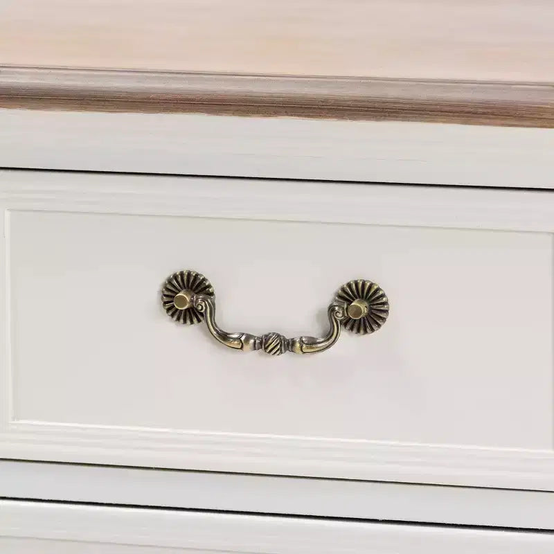 Commode d'appoint 4 tiroirs style provincial français blanc/chêne avec poignées en laiton