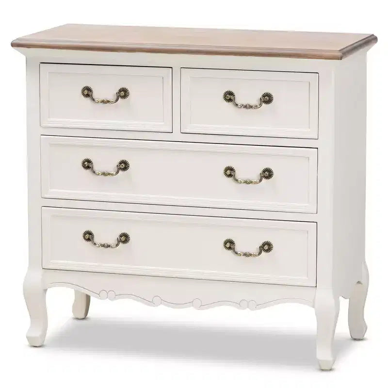 Commode d'appoint 4 tiroirs style provincial français blanc/chêne avec poignées en laiton