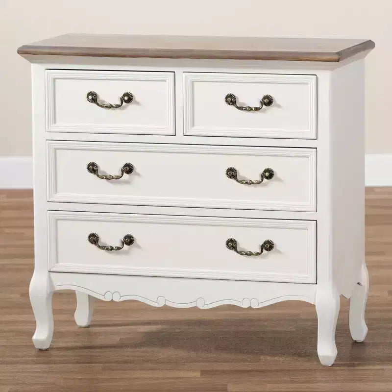 Commode d'appoint 4 tiroirs style provincial français blanc/chêne avec poignées en laiton