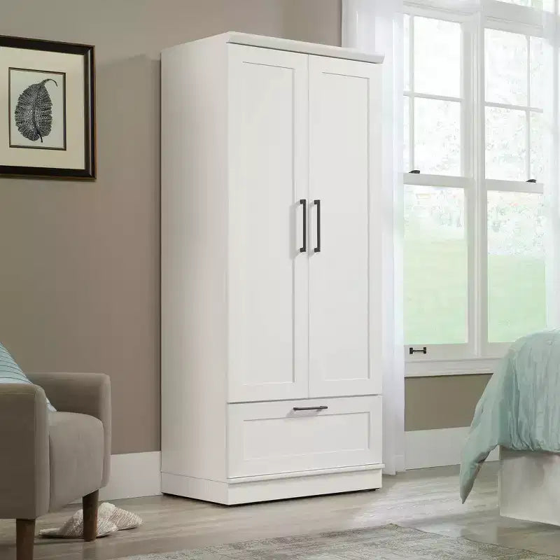 Armoire 2 portes en MDF blanc cassé avec tiroirs et ferrures métalliques