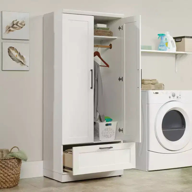 Armoire 2 portes en MDF blanc cassé avec tiroirs et ferrures métalliques