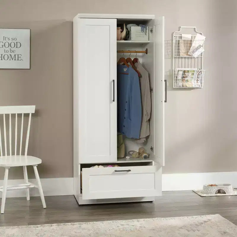 Armoire 2 portes en MDF blanc cassé avec tiroirs et ferrures métalliques