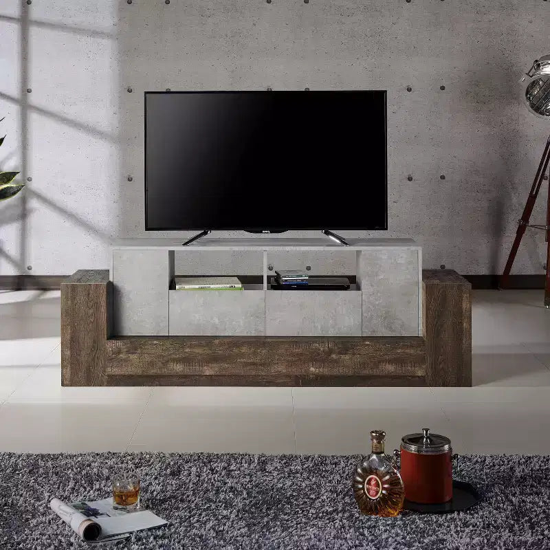 Meuble TV industriel pour téléviseurs jusqu'à 80" - Fini ciment et chêne recyclé