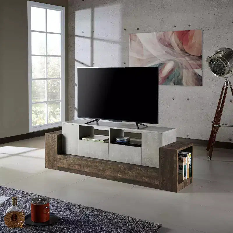 Meuble TV industriel pour téléviseurs jusqu'à 80" - Fini ciment et chêne recyclé