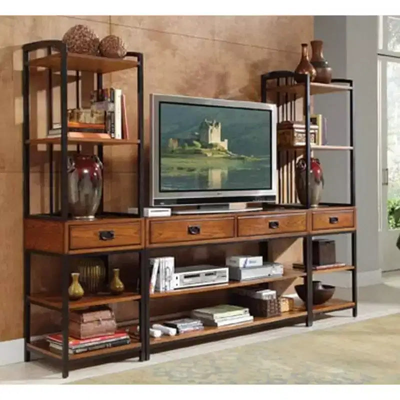 Meuble TV moderne de style « Craftsman » en chêne avec surmeuble et bibliothèque, compatible TV 60"