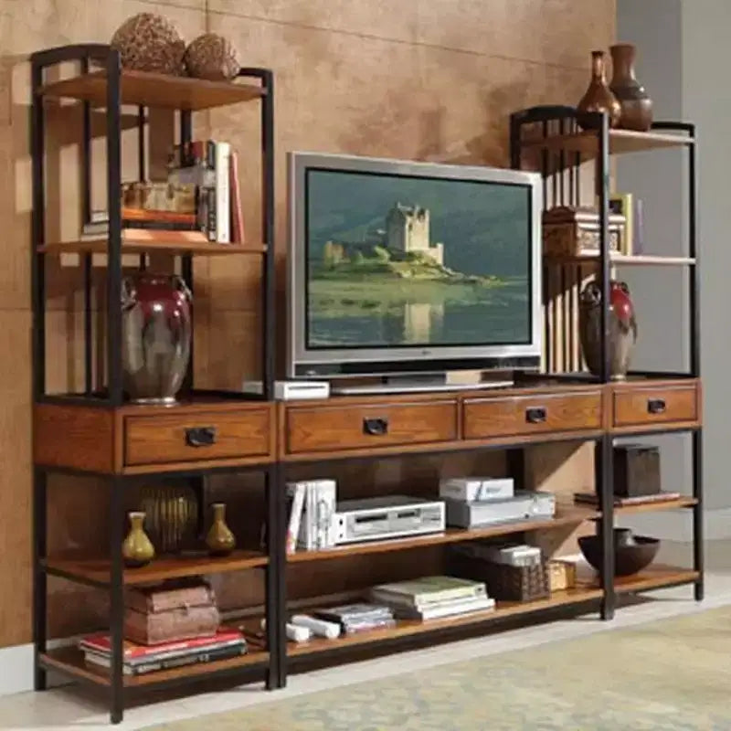 Meuble TV moderne de style « Craftsman » en chêne avec surmeuble et bibliothèque, compatible TV 60"