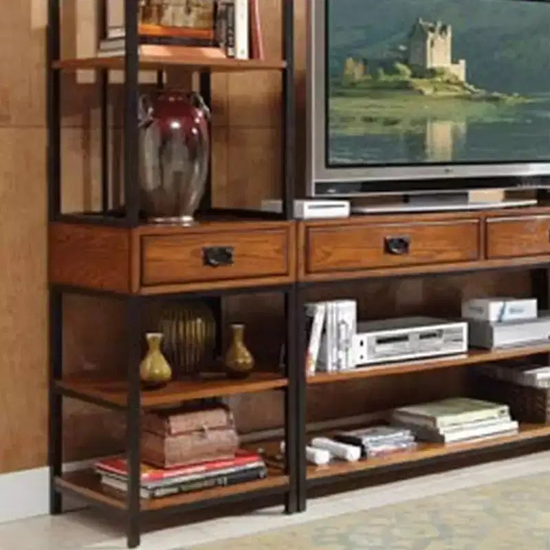 Meuble TV moderne de style « Craftsman » en chêne avec surmeuble et bibliothèque, compatible TV 60"