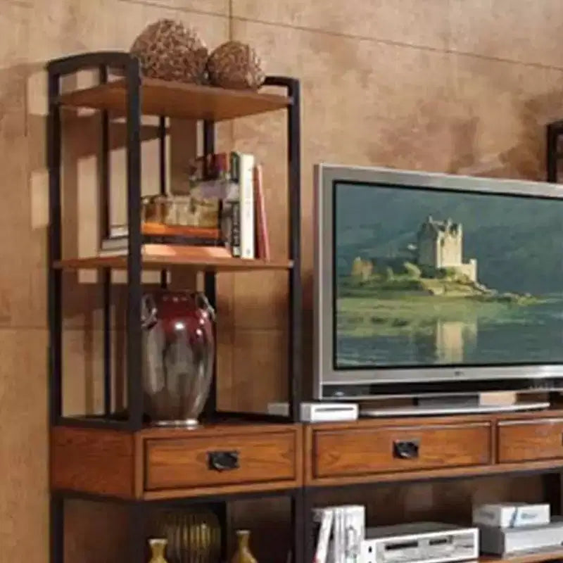 Meuble TV moderne de style « Craftsman » en chêne avec surmeuble et bibliothèque, compatible TV 60"