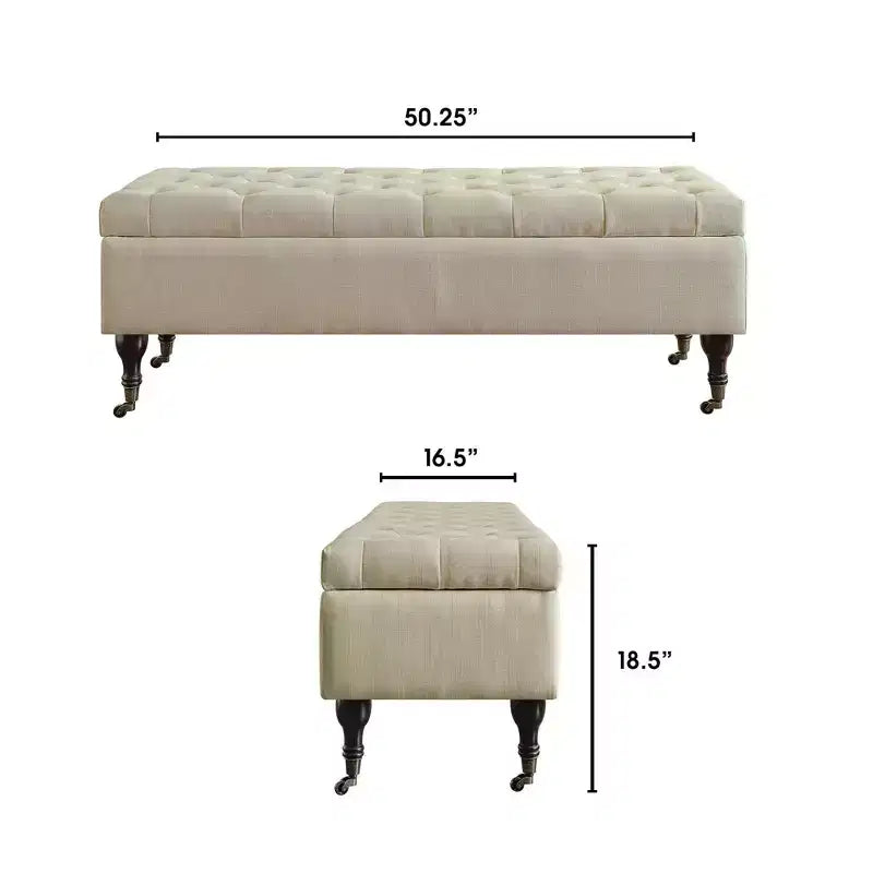 Banc de rangement capitonné avec couvercle à charnière en polyester crème de beurre