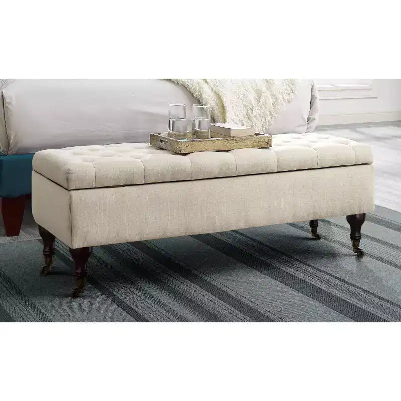 Banc de rangement capitonné avec couvercle à charnière en polyester crème de beurre