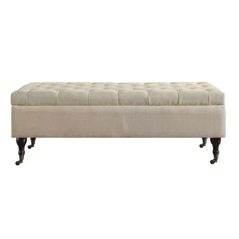 Banc de rangement capitonné avec couvercle à charnière en polyester crème de beurre