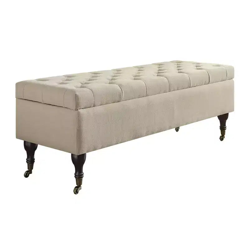 Banc de rangement capitonné avec couvercle à charnière en polyester crème de beurre
