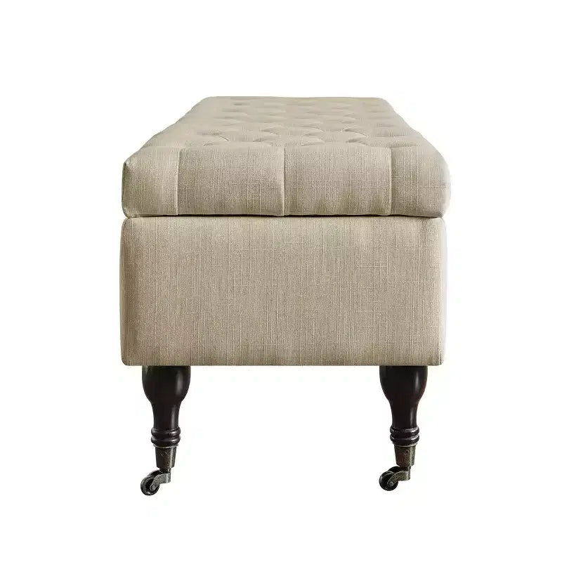 Banc de rangement capitonné avec couvercle à charnière en polyester crème de beurre