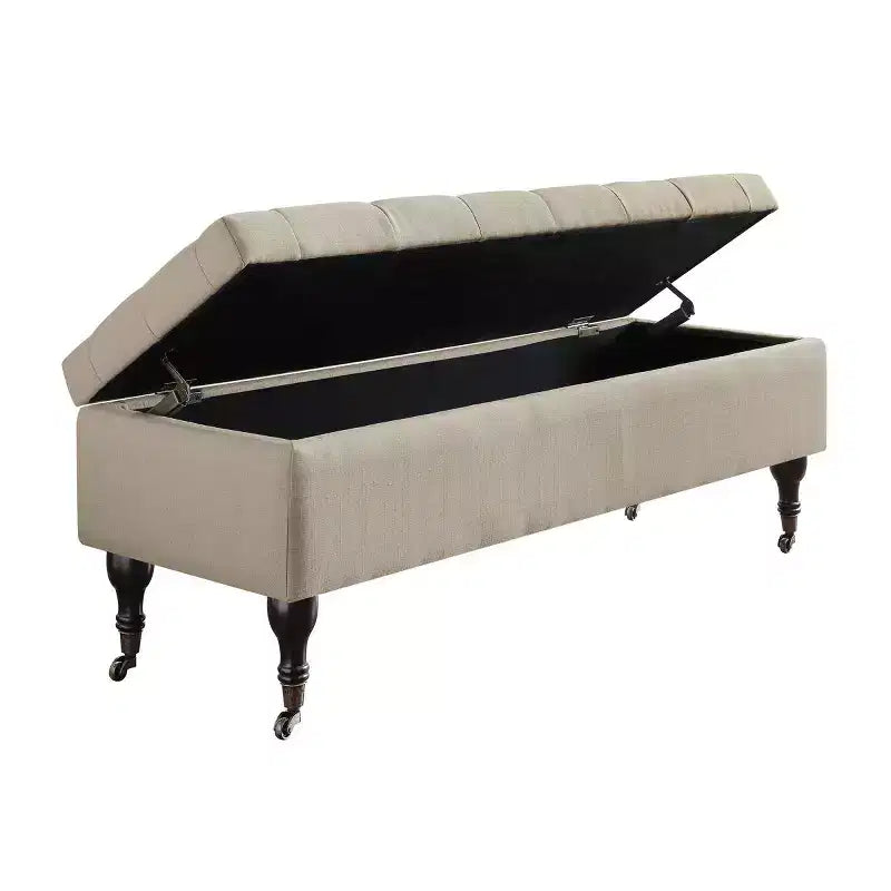 Banc de rangement capitonné avec couvercle à charnière en polyester crème de beurre