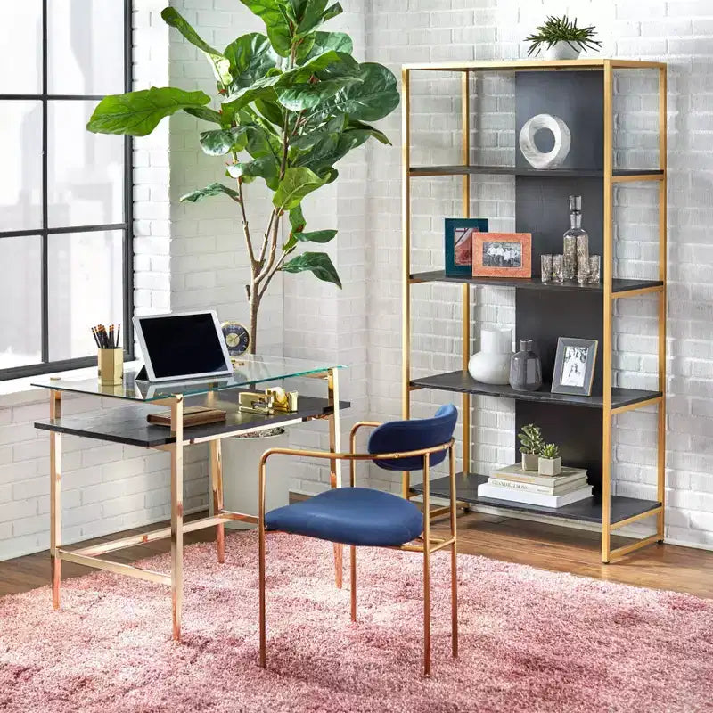 Bureau en verre du milieu du siècle, cadre en métal doré brillant avec étagère de rangement ouverte