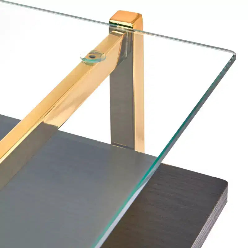 Bureau en verre du milieu du siècle, cadre en métal doré brillant avec étagère de rangement ouverte