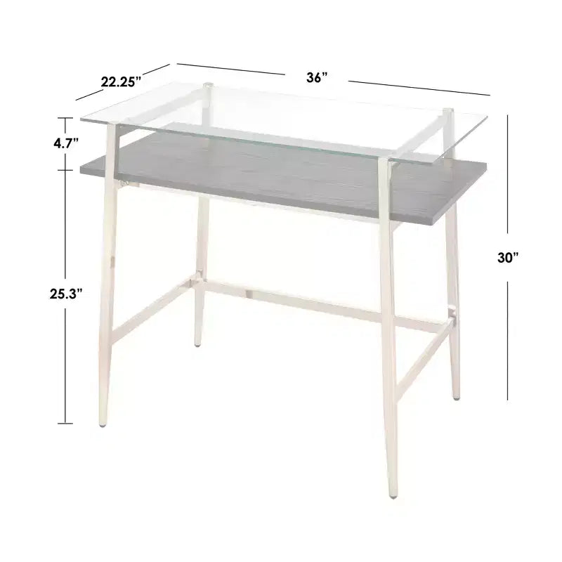 Bureau en verre du milieu du siècle, cadre en métal doré brillant avec étagère de rangement ouverte