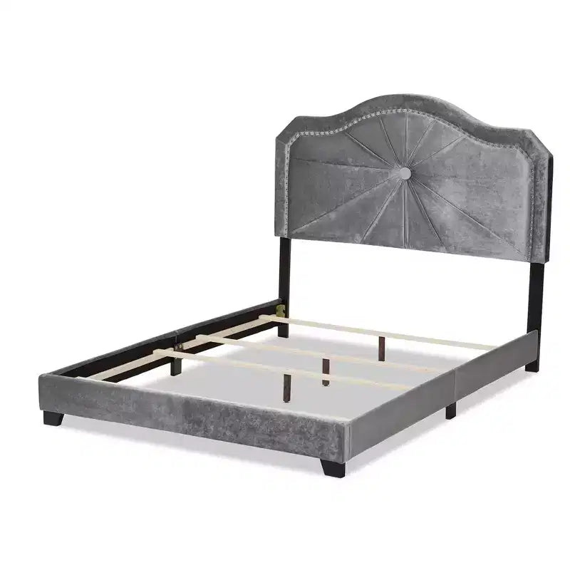 Lit rembourré en tissu velours Queen gris, capitonné moderne, finition brillante