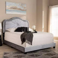 Lit rembourré en tissu velours Queen gris, capitonné moderne, finition brillante
