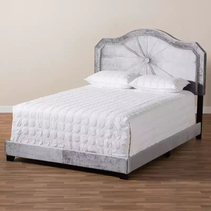 Lit rembourré en tissu velours Queen gris, capitonné moderne, finition brillante