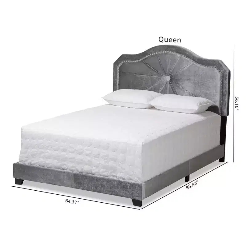 Lit rembourré en tissu velours Queen gris, capitonné moderne, finition brillante
