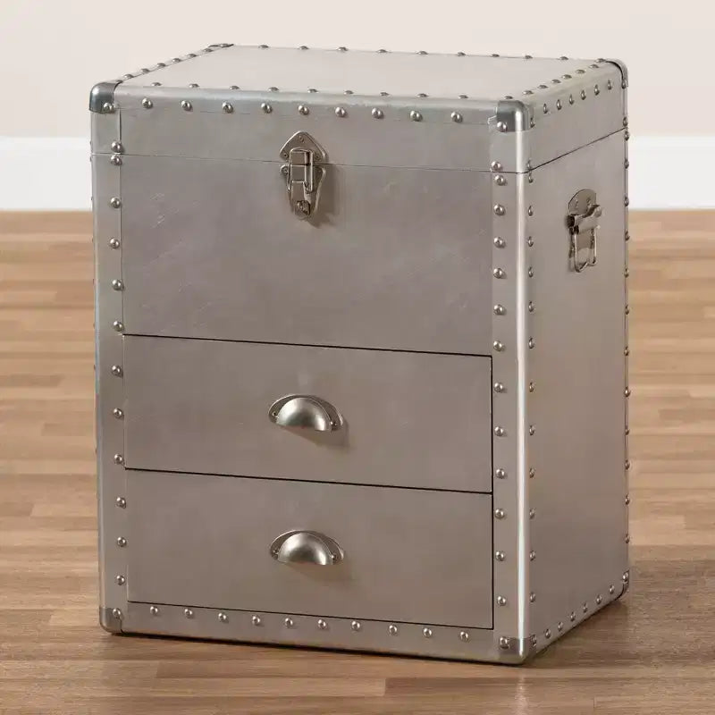 Commode de rangement d'appoint en métal à 2 tiroirs, style industriel vintage argenté