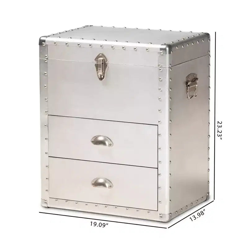 Commode de rangement d'appoint en métal à 2 tiroirs, style industriel vintage argenté